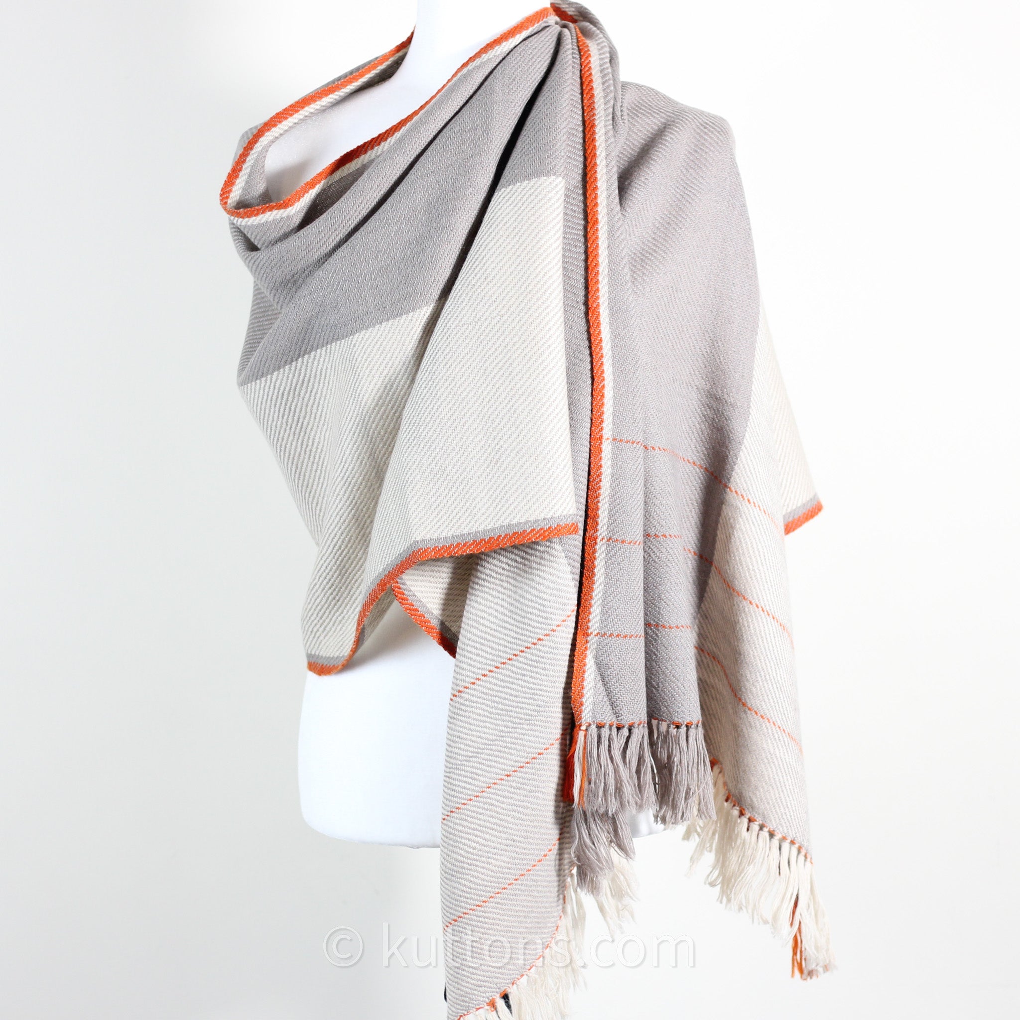 Handwoven Merino-Himalayan Wool Stole - Naturally Dyed Wrap with Tea, Tesu  Flowers and Harada | Cream-Gray, 21