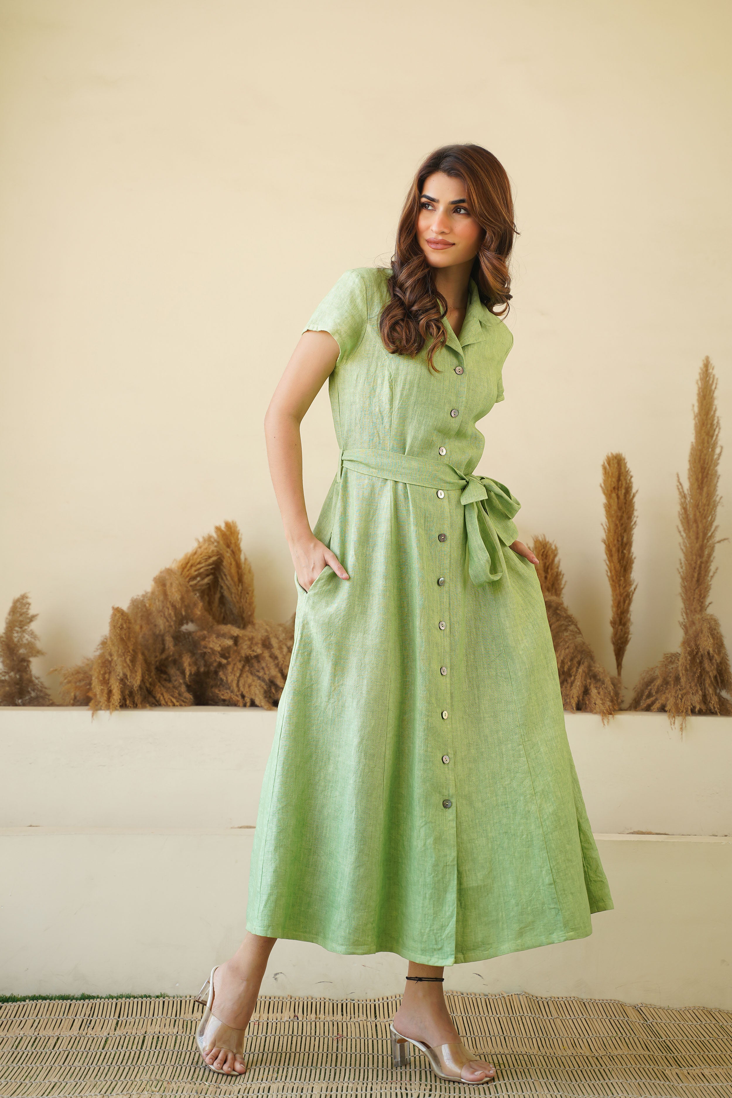 Green linen shirt dress best sale