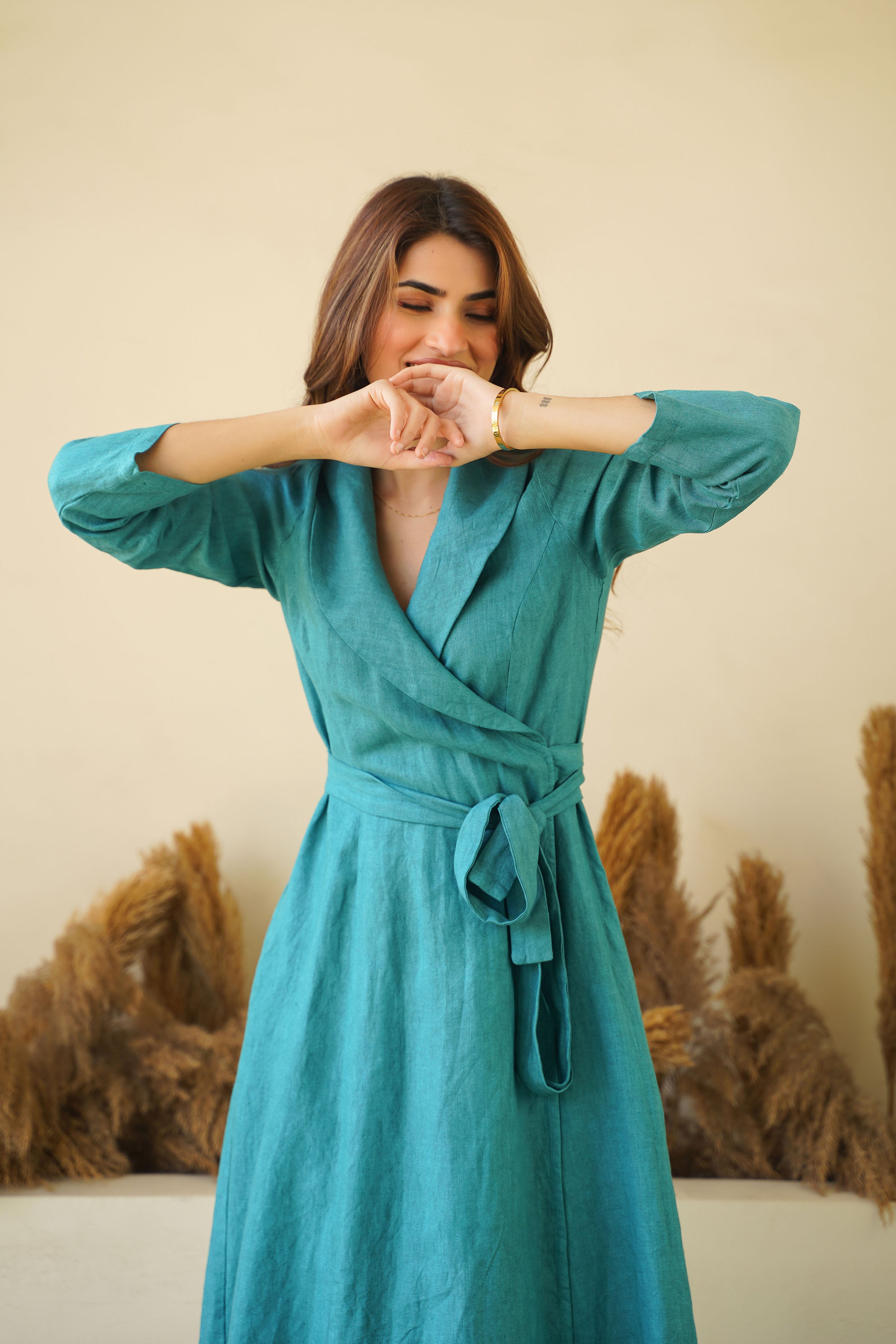 Teal Blue Elegance: Linen Wrap Dress with Shawl Collars, Full Sleeves &  Waist Tie – Kuttons