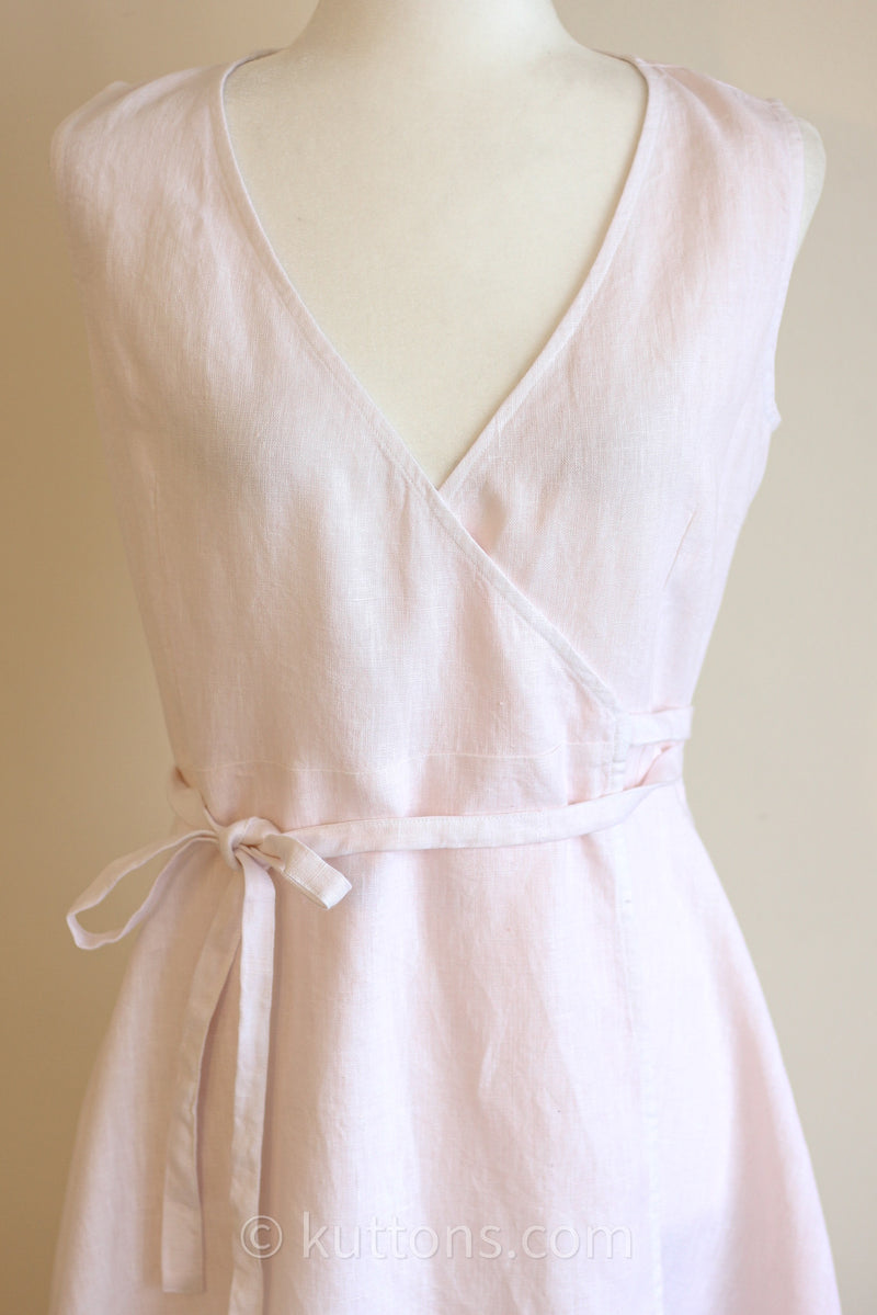 Short Linen Wrap Dress - Sleeveless V-Neck Mini Linen Dress Tunic with Tie Belt & Pockets | Pink