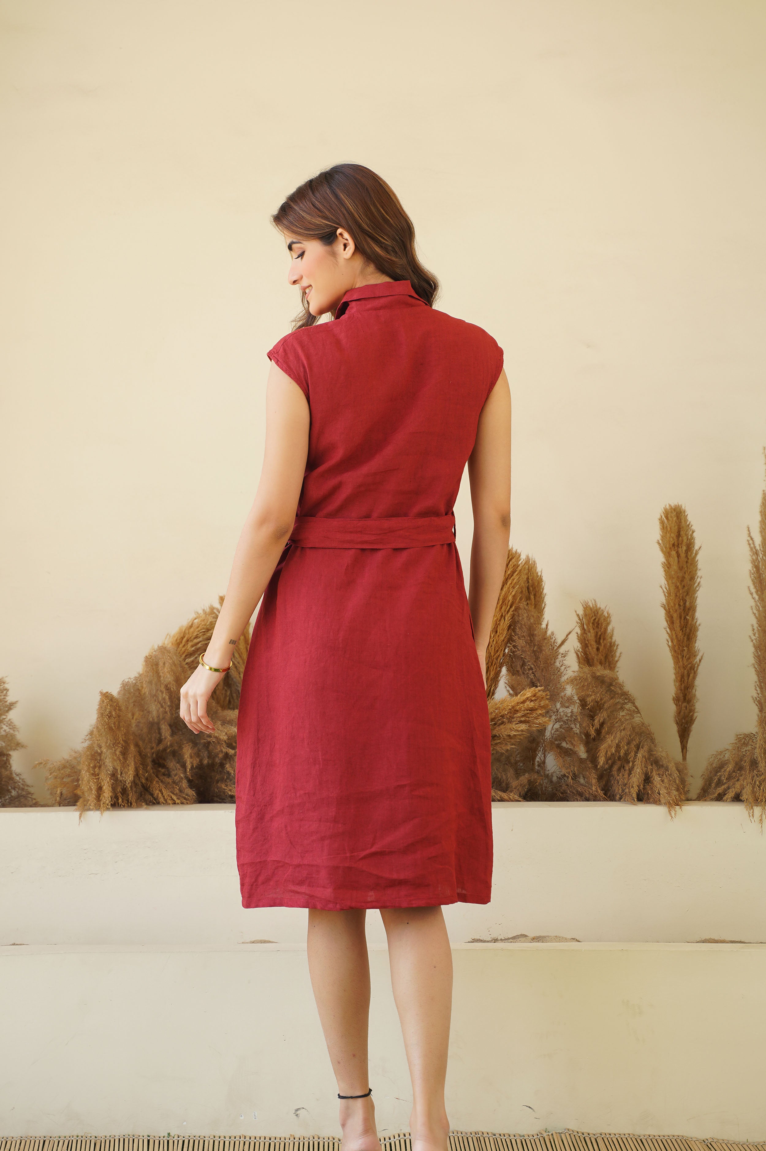 Sassy Button Down Linen Shirt Dress with Lapel Collar Belt Red Sleeveless Linen Dress Kuttons