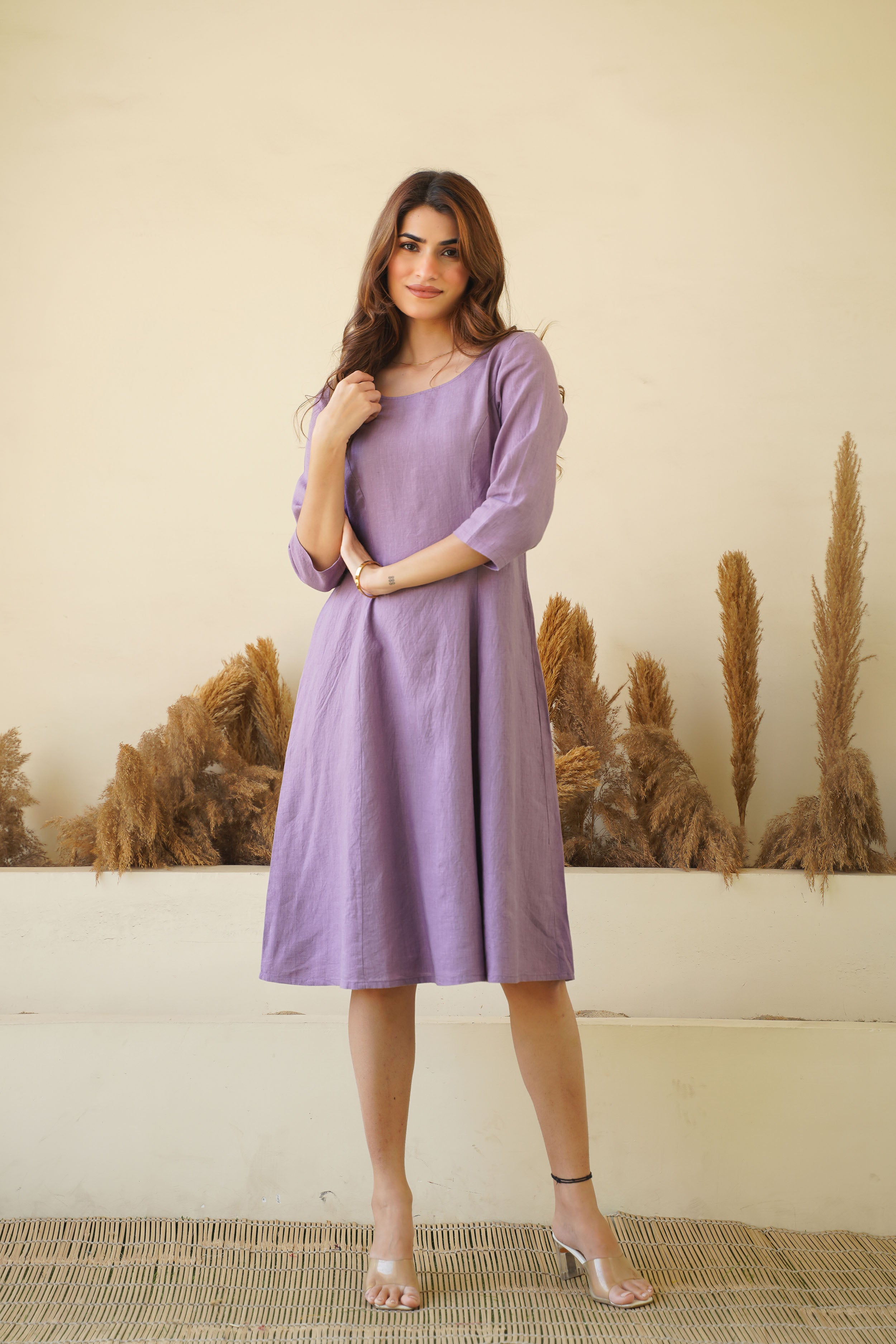 Women s Lilac Linen Dress Round Neck Linen Tunic with Princess Seams Long Sleeve Zipper Lining Kuttons