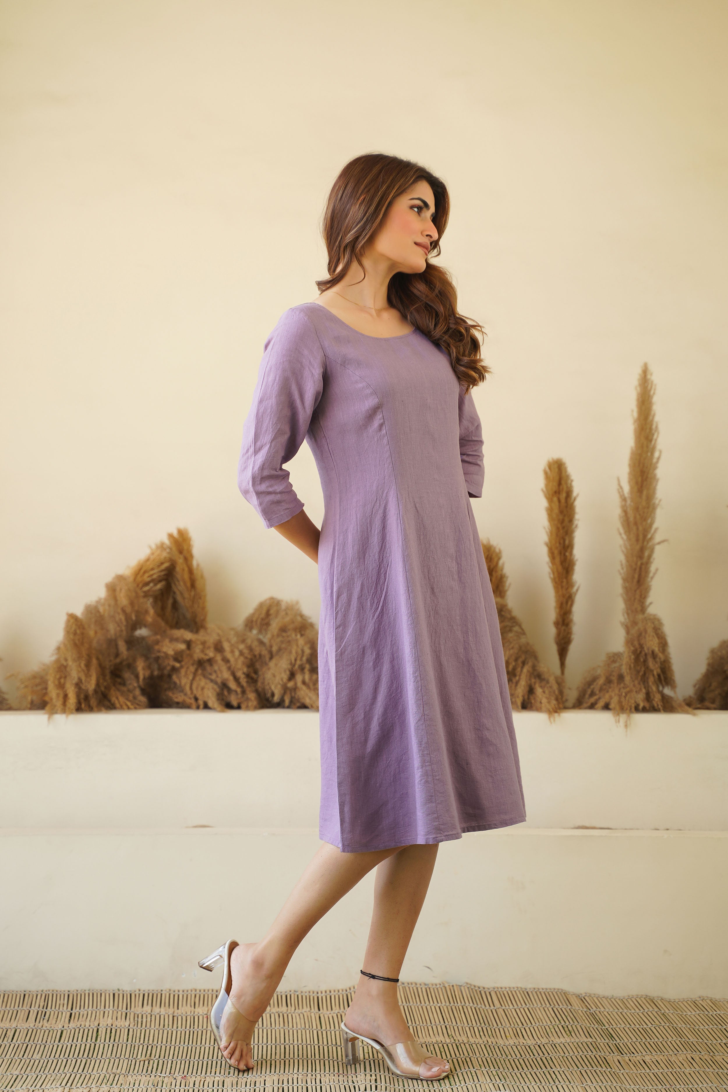 Women s Lilac Linen Dress Round Neck Linen Tunic with Princess Seams Long Sleeve Zipper Lining Kuttons