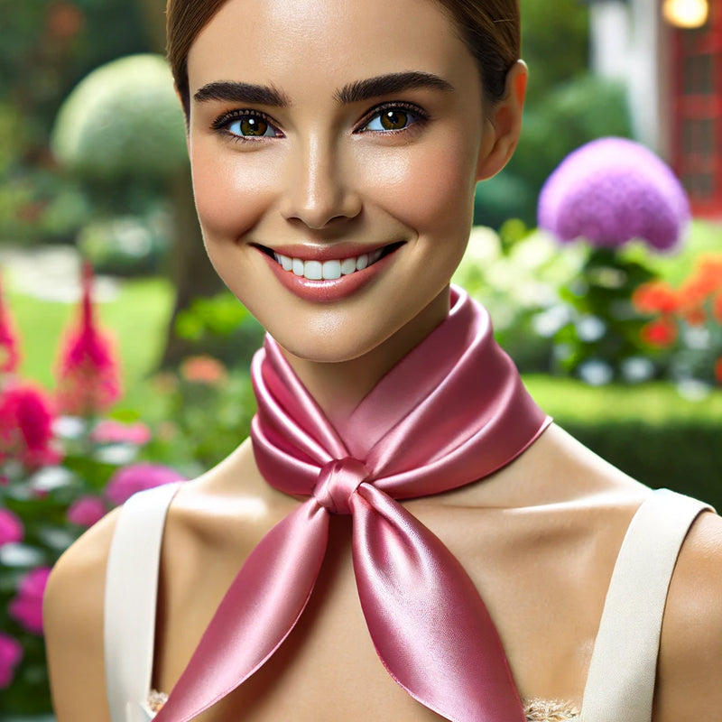 young lady wearing a pink mulberry silk bandana around her neck