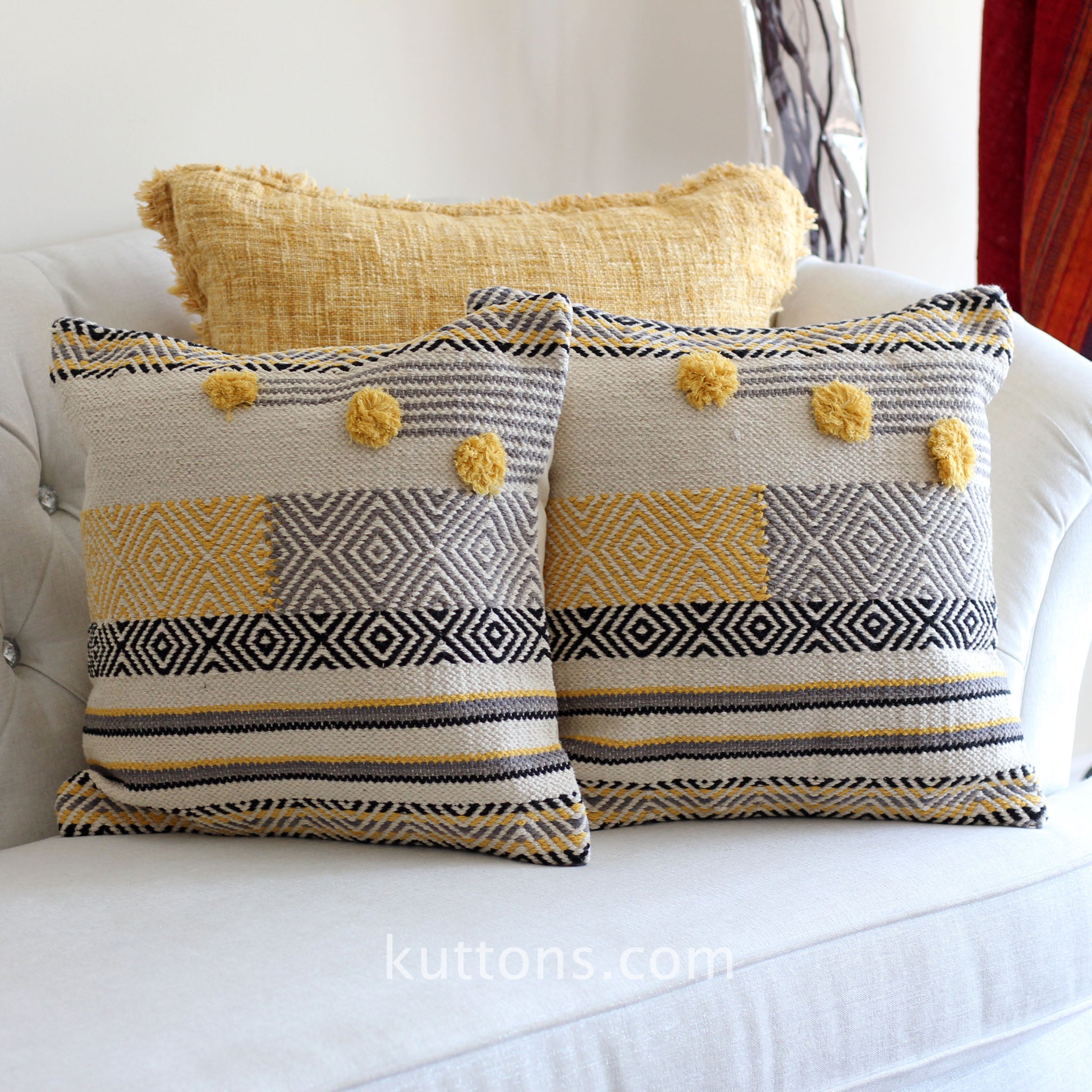 Handwoven Jute Cotton Boho Kilim Pillow Cover Sets Throw Pillows Cream Yellow Set of 2 Multiple Options 18x18