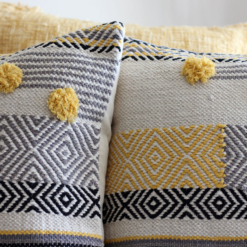 New Upholstered Throw Pillow Pair 18x18 Cream Charcoal and Yellow Diamond  Design