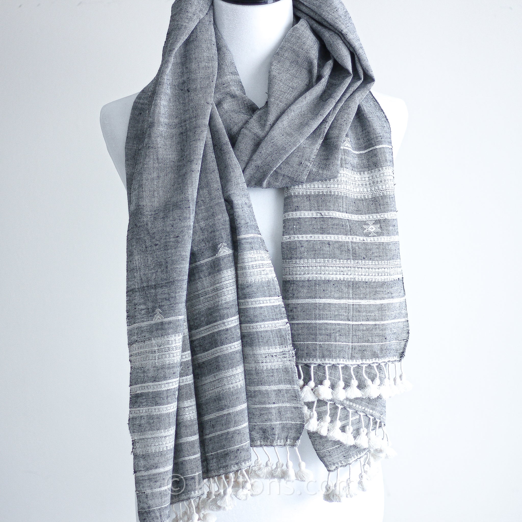 Extra long gray scarf with tassels, recycled cotton store eco-friendly shawlette, handmade women's gray shawl, unique holiday gift for her