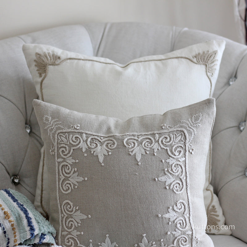 Embroidered Pure Linen Cushion Covers - Handmade Throw Pillows (Pair) –  Kuttons
